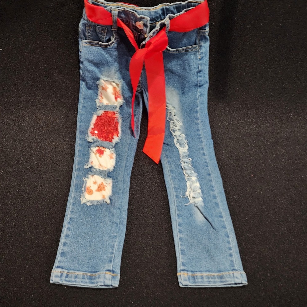 Kids Jeans Rhinestone‎ Patches Ripped Denim Red Bow Tie Waist Holiday Christmas
